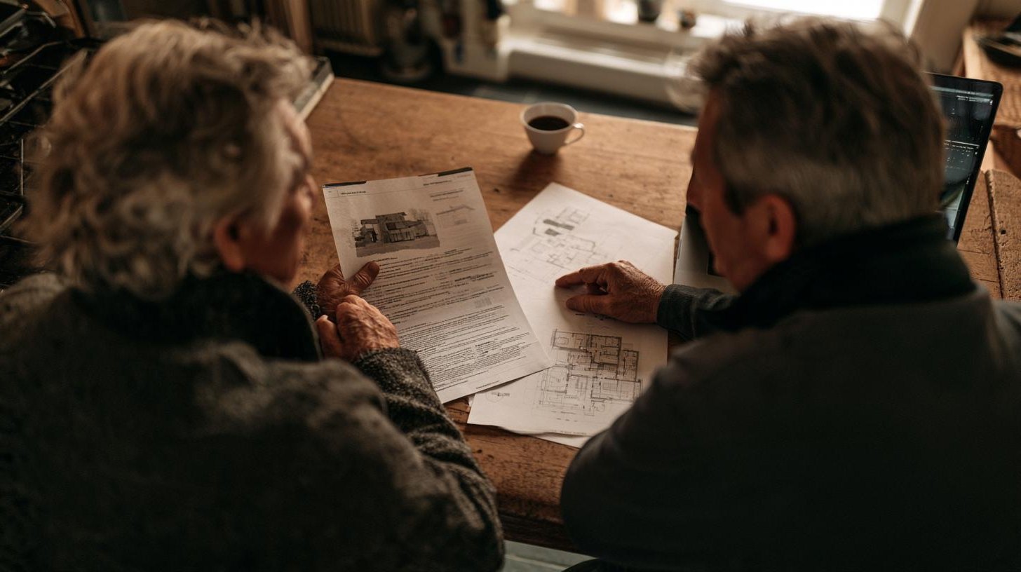 Couple de propriétaires consultant un rapport énergétique et les plans de leur maison