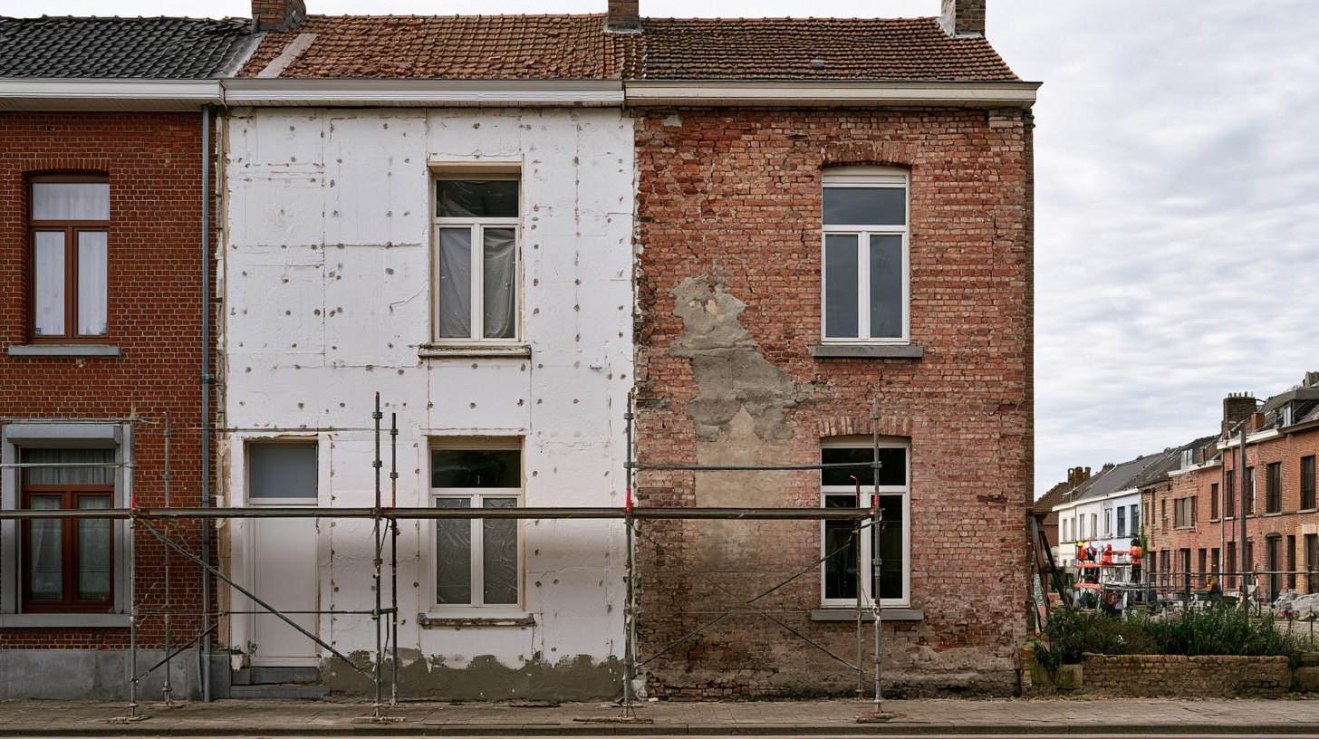 Façade de maison mitoyenne wallonne en cours d’isolation par l’extérieur, moitié isolée et moitié en briques